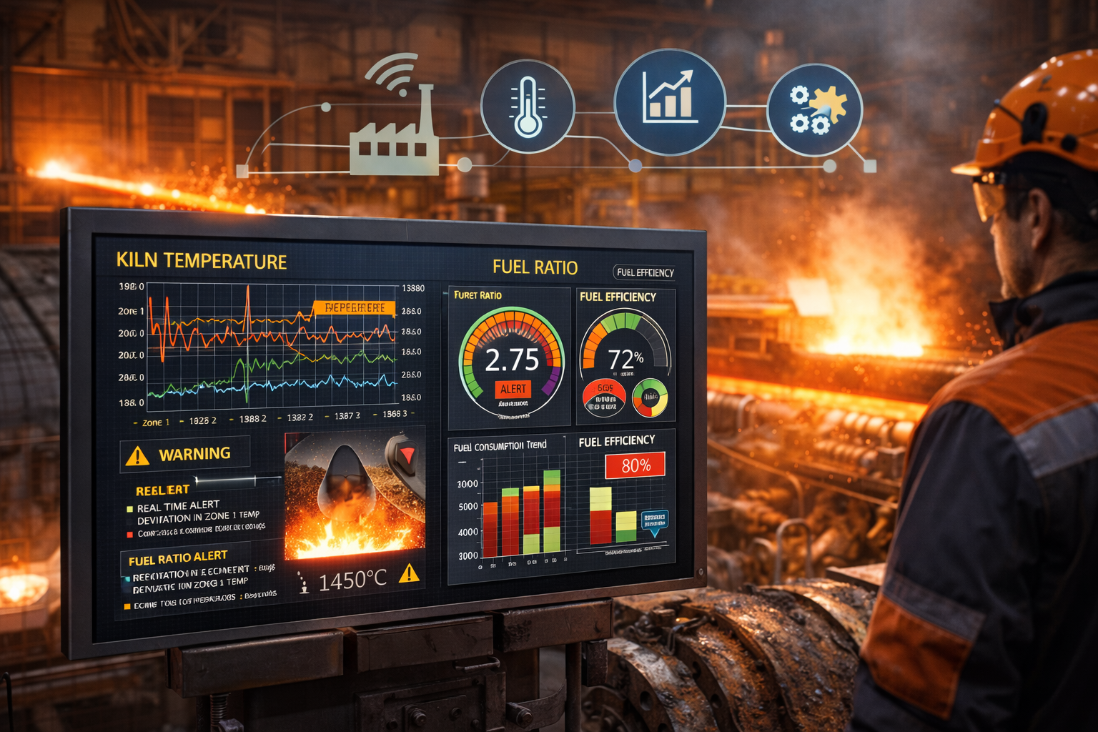 Steel industry digital solutions with real-time kiln temperature and fuel ratio dashboards
