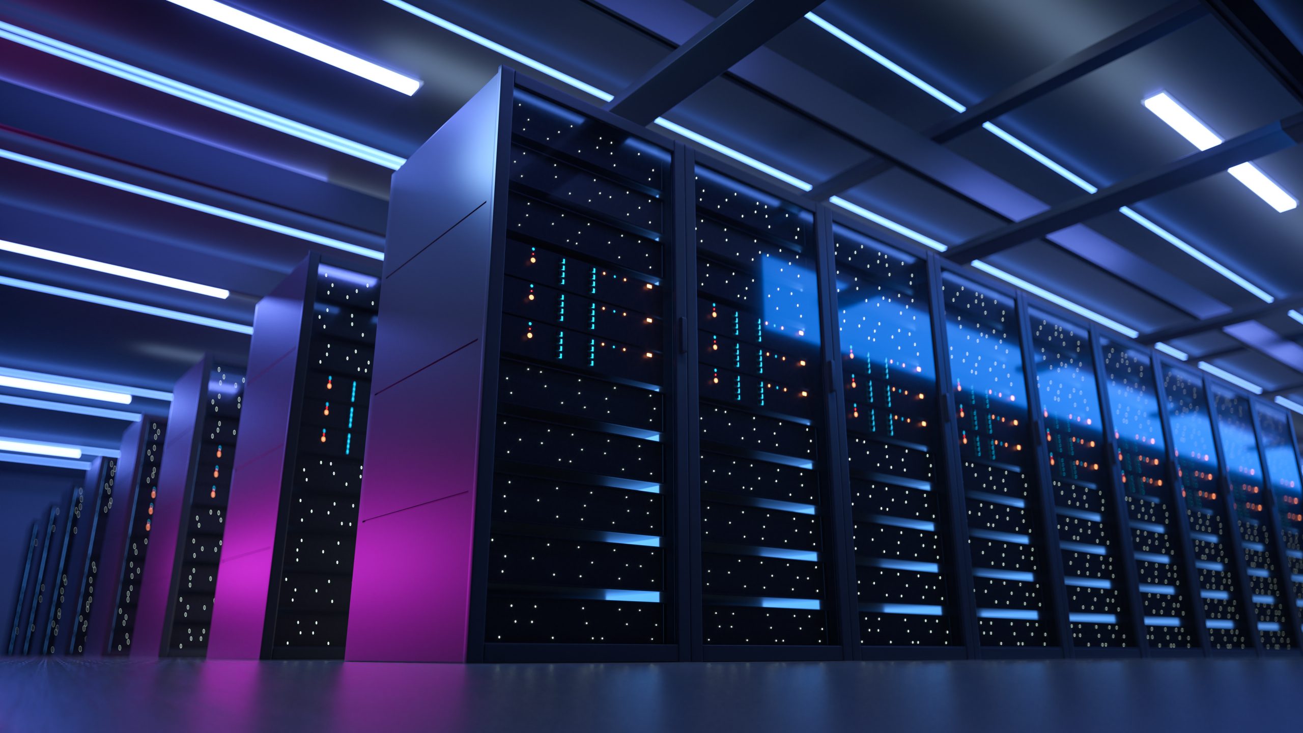 Working Data Center Full Of Rack Servers And Supercomputers, Mod